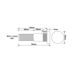 WHEEL STUD M22X1.5 89MM UH RH ISO TWIN C/F