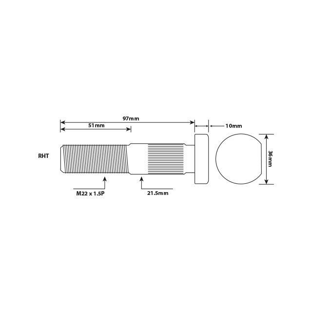 WHEEL BOLT M22X1.5 RHT 97MM TWIN WHEEL HELICOIL SPLINE