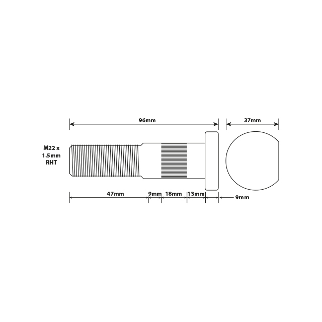 WHEEL STUD M22X1.5 RHT 87MM UH ISO SINGLE WHEEL