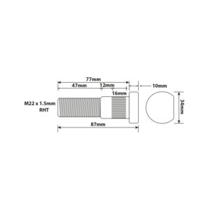 WHEEL STUD M22X1.5 RHT 77MM UH STEEL & ALLY ISO WHEEL