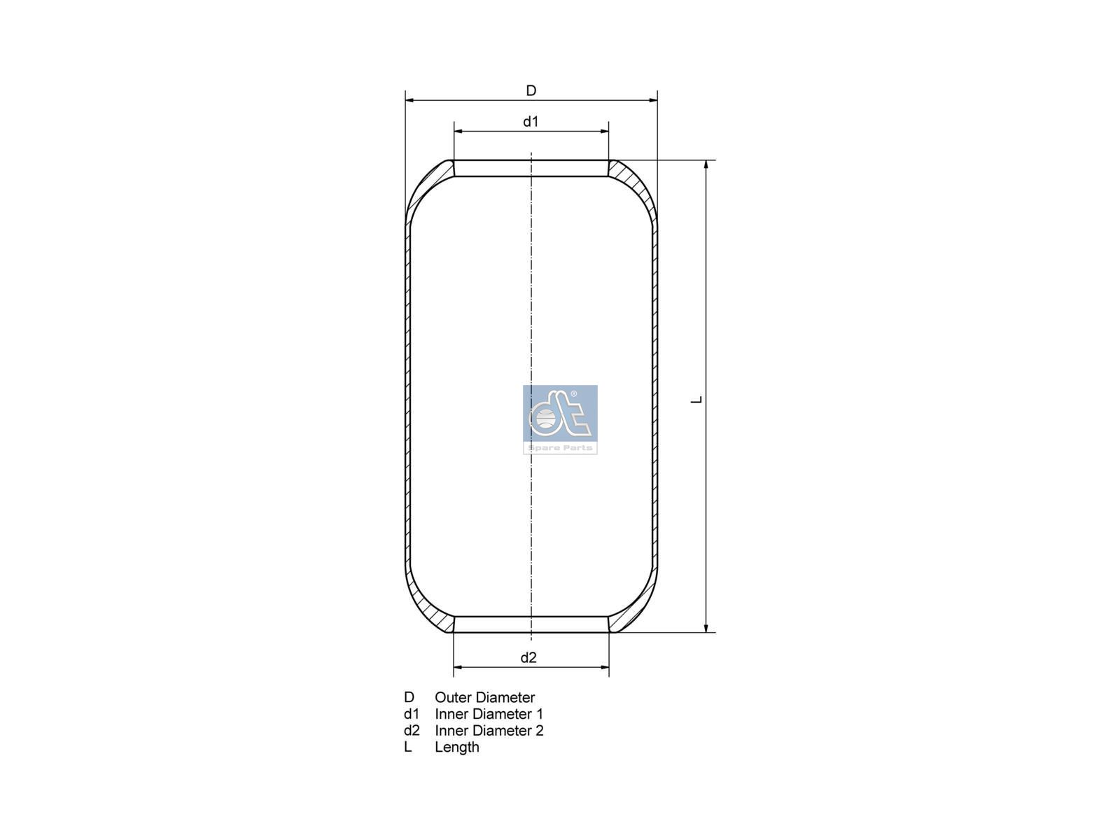 DT Spare Parts 4.80990 Air spring, without piston, d: 151 mm, D1: 300 mm, D2: 180 mm, M16 x 1,5, M24 x 1,5, L: 489 mm
