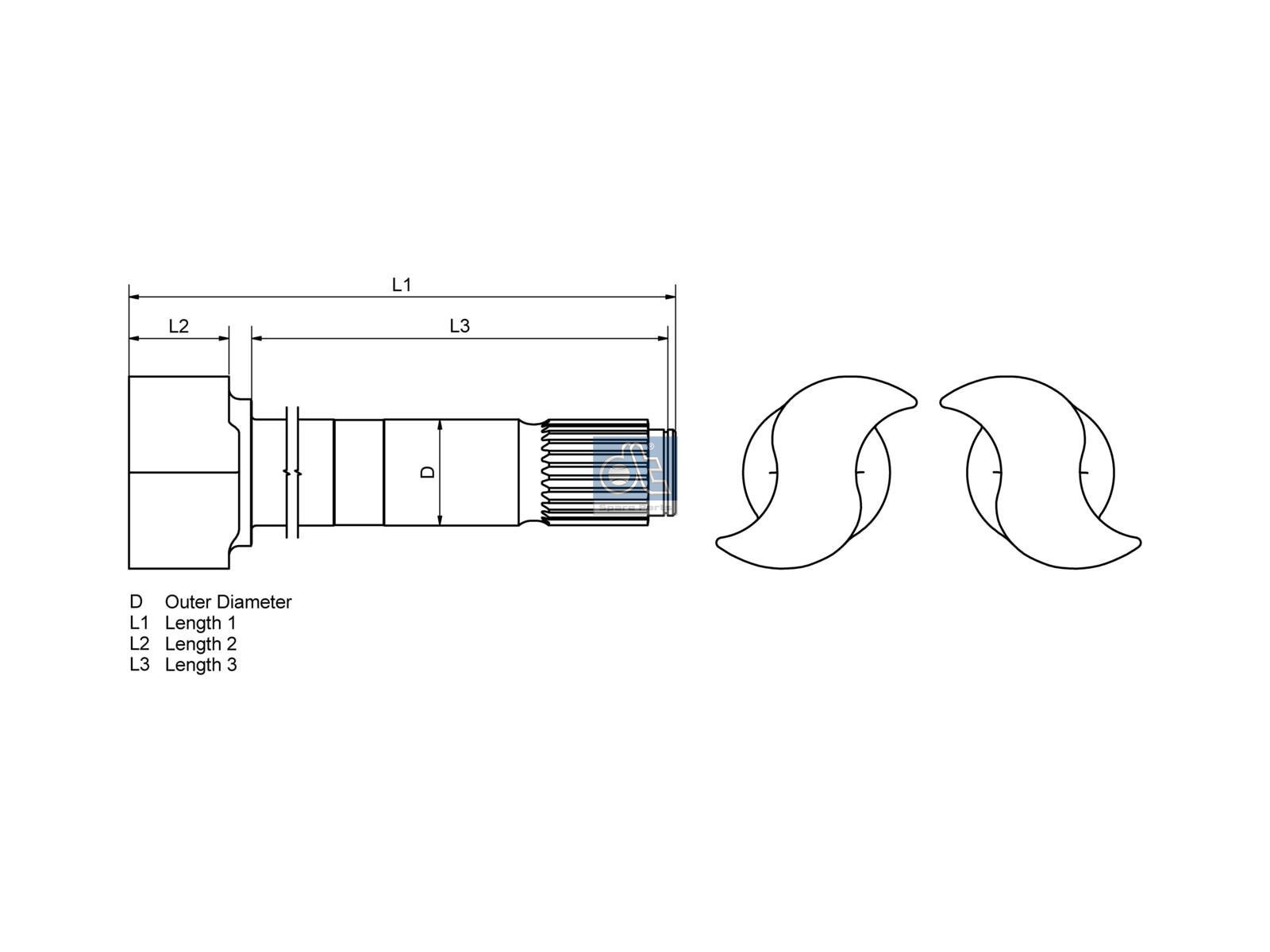 DT Spare Parts 4.64845 Brake camshaft, right, D: 42 mm, L1: 534.5 mm, L2: 39.5 mm, L3: 481.5 mm, 26 teeth