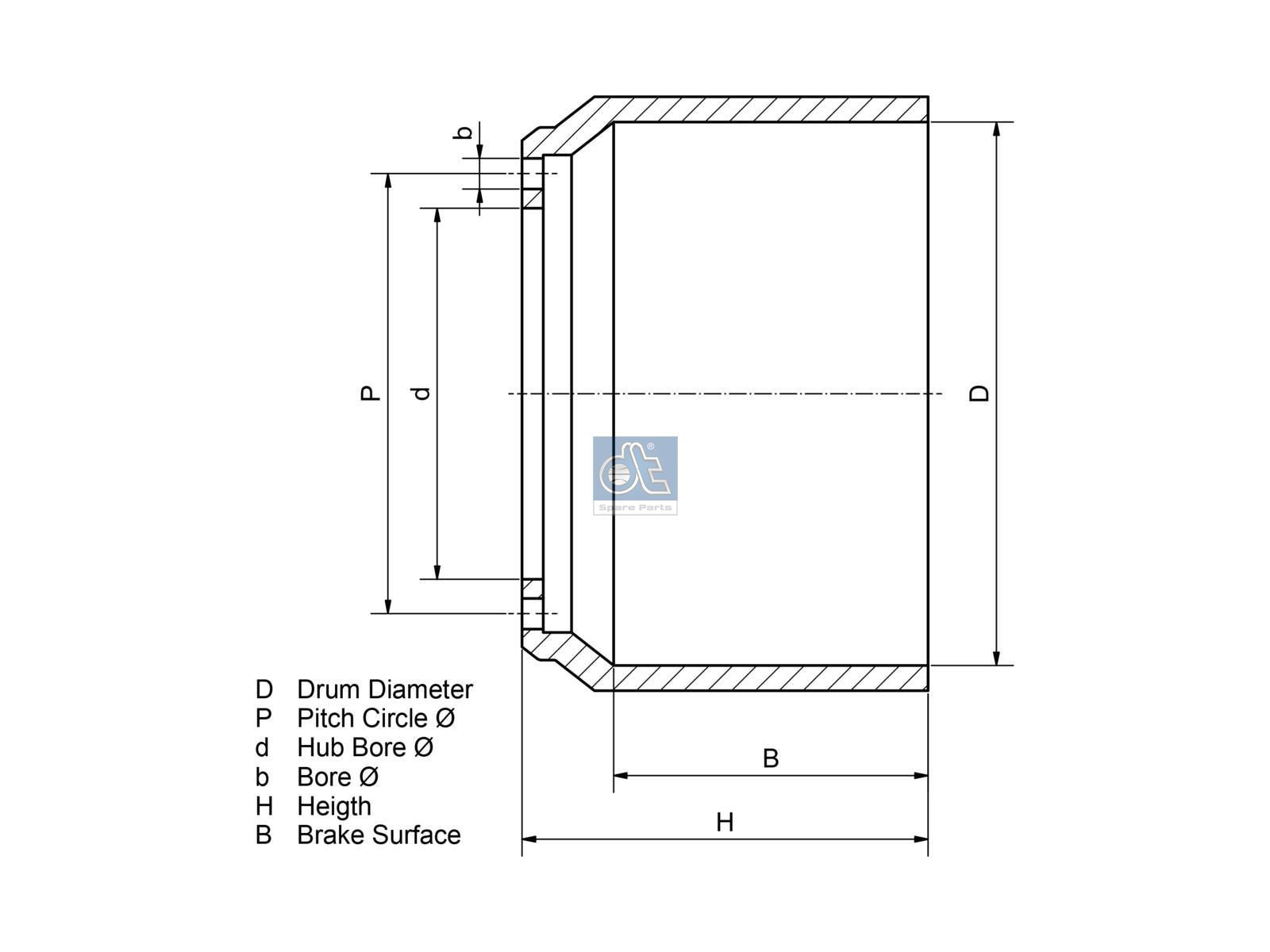 DT Spare Parts 2.40321 Brake drum, D: 410 mm, 10 bores, b: 28 mm, P: 335 mm, d: 282 mm, H: 260.5 mm, B: 200 mm