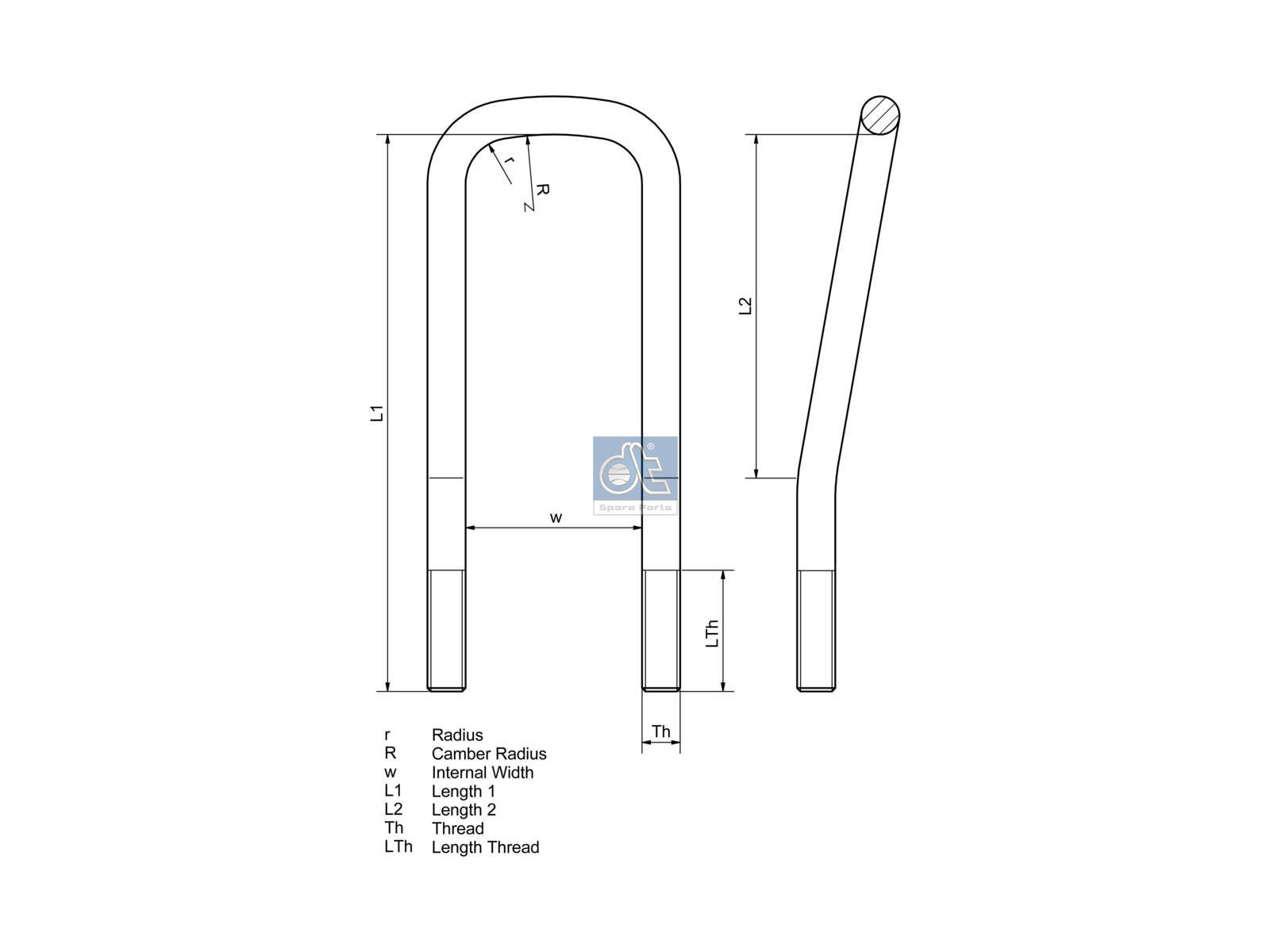 DT Spare Parts 1.25416 U-bolt, r: 15 mm, R: 140 mm, M22 x 2,5, LTh: 55 mm, L1: 297 mm, L2: 180 mm, w: 105 mm, 10.9
