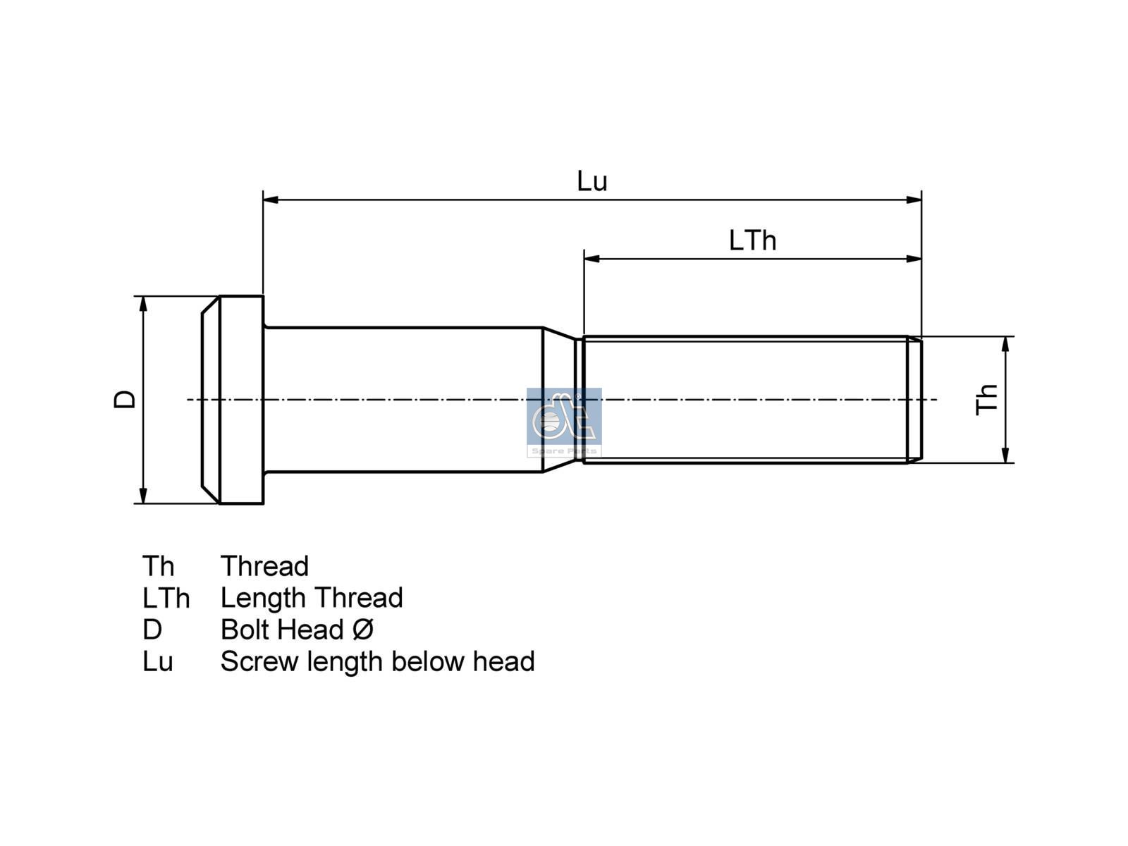 DT Spare Parts 4.40205 Wheel bolt, round head, M22 x 1,5, LTh: 38 mm, Lu: 92 mm, D: 32 mm, L: 102 mm