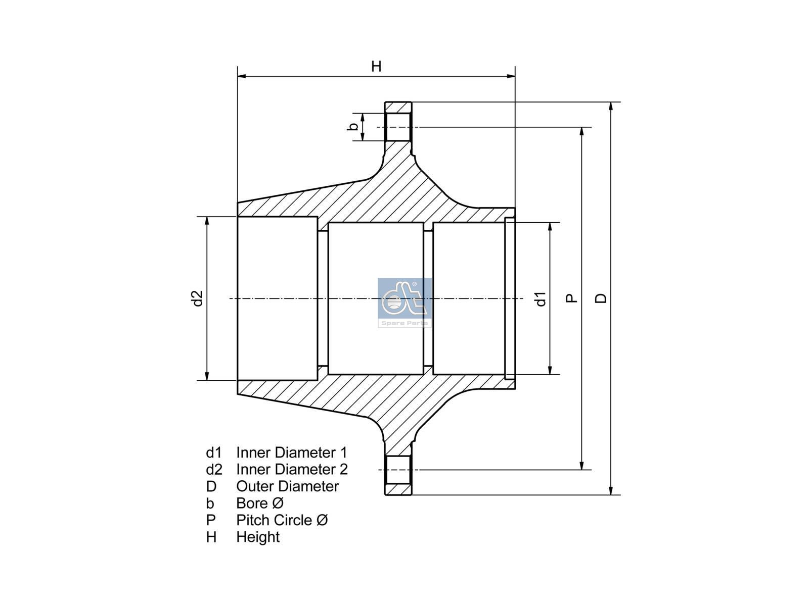DT Spare Parts 10.10432 Wheel hub, with bearing, d1: 120 mm, d2: 150 mm, D: 380 mm, 10 bores, b: 22 mm, P: 335 mm, M125 x 2, H: 205 mm