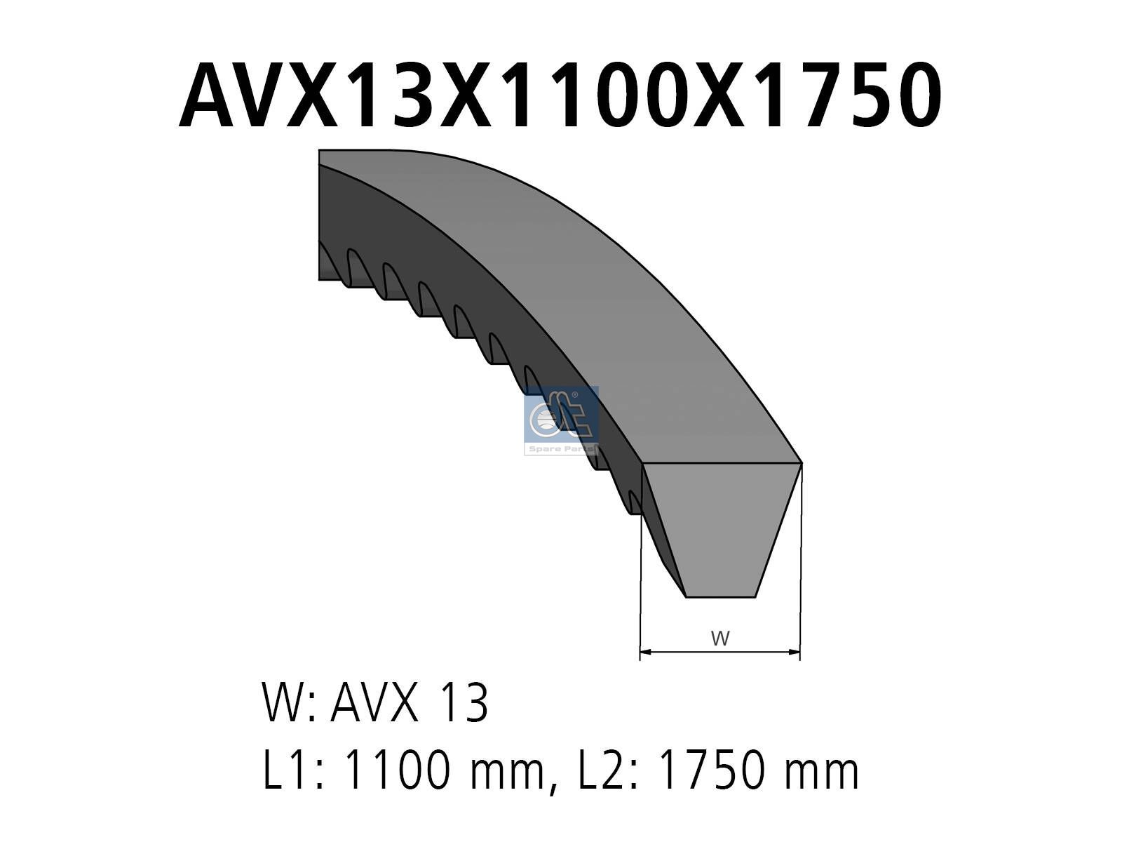 DT Spare Parts 4.90718 V-belt kit, L1: 1100 mm, L2: 1750 mm, W: 13 mm, AVX13X1100/1750, 3 belts