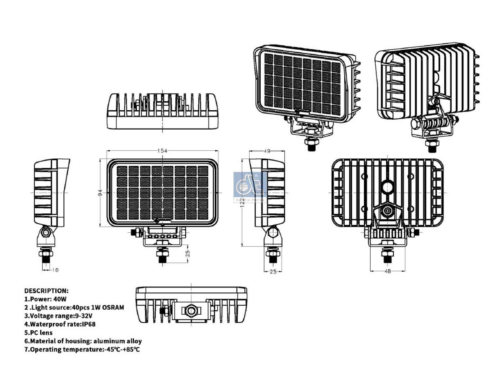 DT Spare Parts 9.69037 Work lamp, LED, W: 154 mm, H1: 94 mm, H2: 122 mm, T: 49 mm