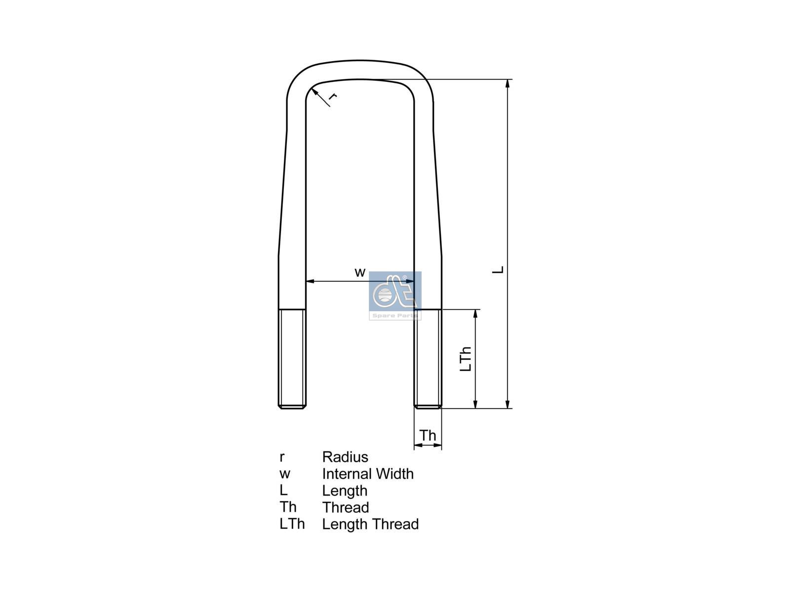DT Spare Parts 5.10463 U-bolt, r: 15 mm, R: 75 mm, M20 x 1,5, LTh: 62 mm, L1: 220 mm, L2: 130 mm, L3: 69 mm, w: 82 mm, S: 11.5 mm