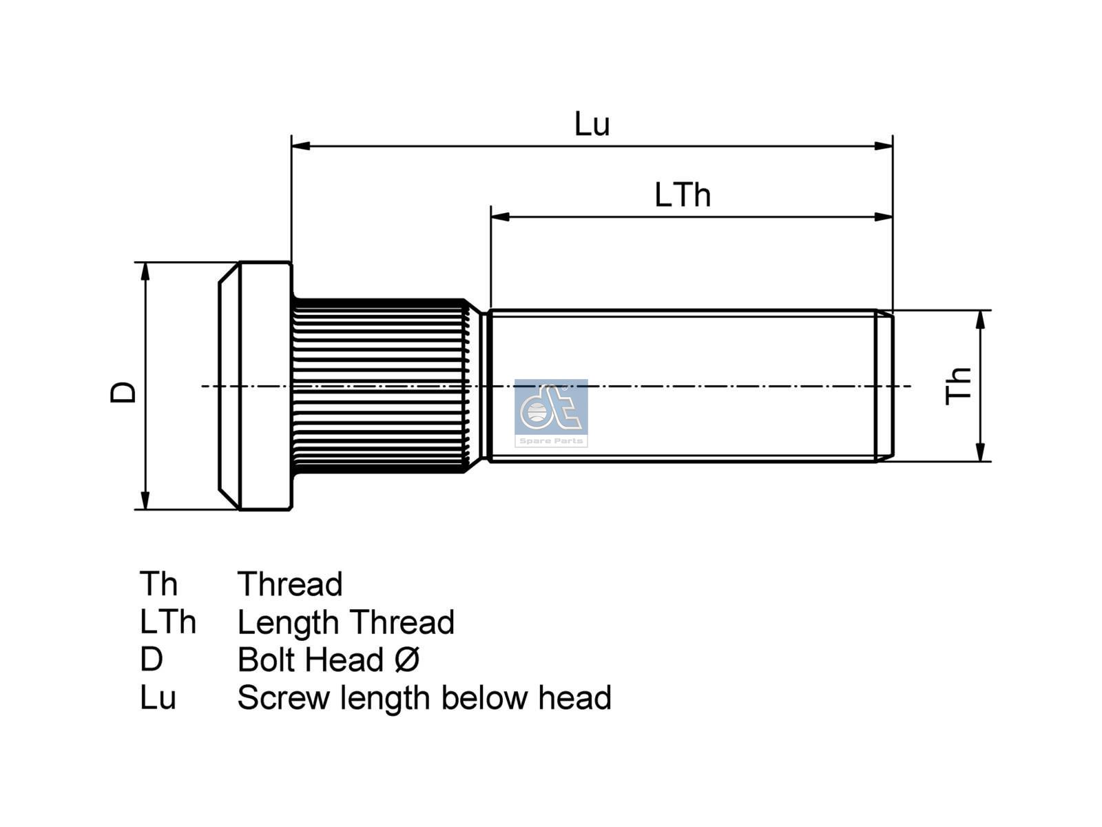 DT Spare Parts 7.32139 Wheel bolt, M20 x 1,5, LTh: 41 mm, Lu: 70 mm, W1: 27.5 mm, W2: 30.5 mm, 10.9